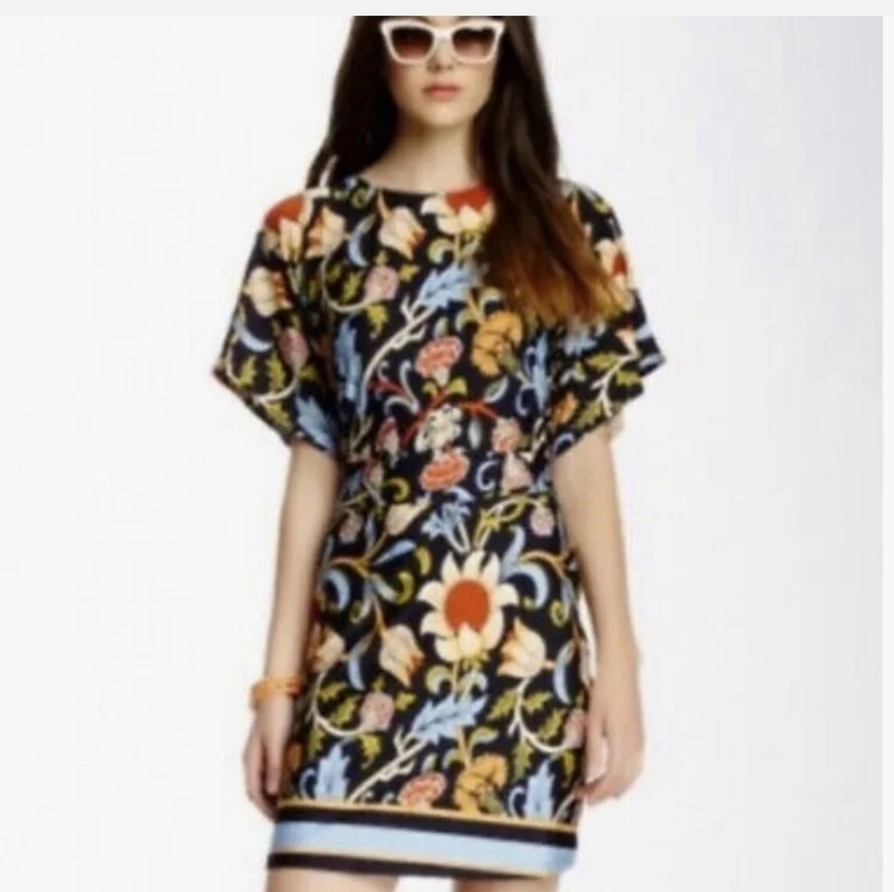 BCBGMAXAZRIA Navy Blue Woodblock Women's Floral Dress Size XS